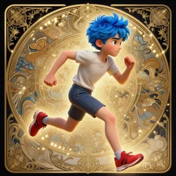 clear portrait of adventurous boy with blue hair, slightly spikey hair, red running shoes, fast runner, background hyper detailed, character concept, full body, dynamic pose, glowing lights!! intricate, elegant, highly detailed, digital painting, artstation, concept art, smooth, sharp focus, illustration, art by artgerm and greg rutkowski and alphonse mucha