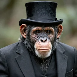 chimpanzee wearing a top hat and suit, hyperrealistic