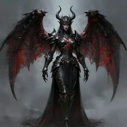 concept art of dark godness with black metalic armour with blood wings in the back, fantasy, diablo, high detailed, trending on artstation, 8 k,