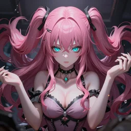 unexpectedly trapped beneath stunningly absurdly huge beautiful omnipotent asi goddess junko enoshima with an enigmatic complex twisted deceptive innocent - looking mesmerizing megalomaniacal yandere personality, symmetrical perfect face, porcelain skin, pink twintail hair and cyan eyes, ultra detailed, digital art, unreal engine 5, octane render, 2 d anime, 8 k