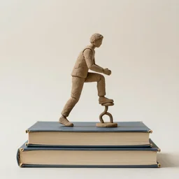 man made of clay climbing on giant books