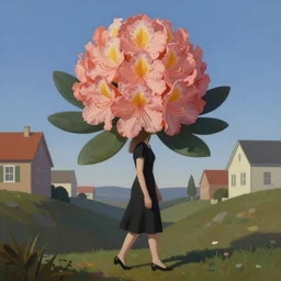 giant flower as head, woman walking between hills, surreal, flat light, painting, digital painting, artstation, georgia o'keeffe! dream giant rhododendron flower head, woman walking between houses, surreal, flat light, painting, digital painting, artstation, wes anderson