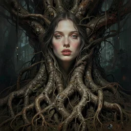 an epic highly detailed illustration of a gorgeous woman's face on top of a massive intertwining tree root system for her body, in the style of drew struzan and algernon blackwood, realistic digital painting, muted colors, brutalist futuristic, fashion lighting