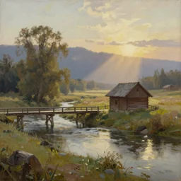 a oil painting of a serene landscape with a singular wooden house near a bridge over river, at sunrise, concept art, octane render, unreal engine 5, trending on deviantart, highly detailed, high quality, oil painting, digital painting, masterpiece, hyperrealistic, breathtaking landscape, soft lighting, godrays, complementary colors, natural lighting