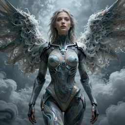 Epic cinematic portrait of a very beautiful Seraphim female wearing an Abstract tech bodysuit, horror, volumetric clouds, focus, detailed, realistic eyes, symmetric body features proportions, intricate details, award winning, unreal render, by Boris Vallejo