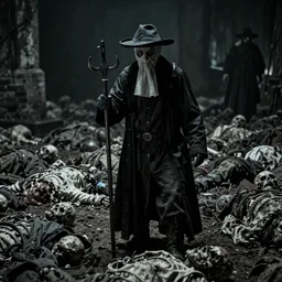 archive photo of a plague doctor among dead bodies, extremely detailed, creepy vibe, horror scene