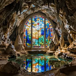 “ a cave in stained glass. depth of field. stalactites and stalagmies. underground lake reflecting colors. with sunlight streaming in. by antoni gaudi. photorealistic. ”