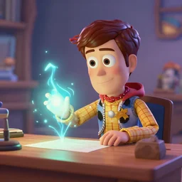 a young boy mage that looks like andy from toy story and is at his desk working on a new spell that is casting out flowing energy, colorful, flowing energy, light rays, consistent face, medium shot, waist up, pixar and disney animation, sharp, concept art, highly detailed, trending on artstation, bloom, dramatic lighting, cinematic