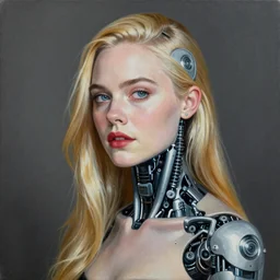 a striking hyper real painting of Elle Fanning with cybernetics by Quint Buchholz