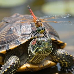 photo of dragonfly on the head of a laughing turtle, 5 0 mm, beautiful photo
