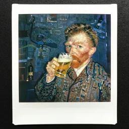 polaroid of rembrandt drinking a beer with vincent van gogh