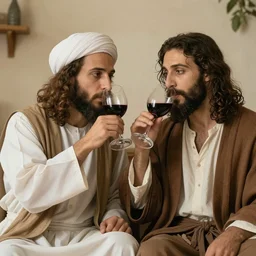 portrait of jesus and muhammed drinking wine together, Wholesome