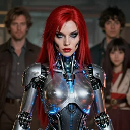 heavy makeup. cybertronic mechanoid led lit fembot. analysis. highly detailed portrait of a red sonja, a female barbarian. screenshot from hbo's westworld ( 2 0 1 6 ), norman rockwell, stephen bliss, 8 k, art by greg rutkowski, makoto shinkai, global radiant illumination, detailed and intricate environment