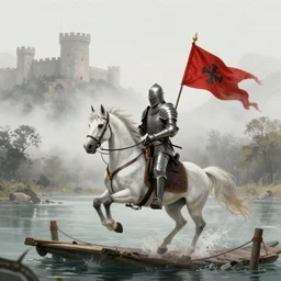An armored knight riding a white horse into the fog trailing a red banner on the river crossing, distant castle towers, digital art