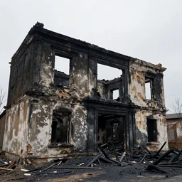 old building, half of it is destroyed and burnt!, no fire, no smoke, black burnt ruins, photography, realism, dslr photo, 8 k, journalism