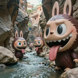 of a rocky canyon along a river with strange cute friendly creatures with huge eyes, mouth, long tongue, round teeth and goofy face, appearing from the background, in the style of gehry and gaudi, macro lens, shallow depth of field, ultra detailed, digital painting, trending artstation, concept art, illustration, cinematic lighting, photorealism, epic, octane render
