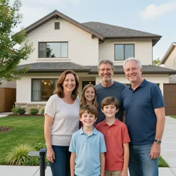 a photo of happy family near new house, real estate, a by nuri iyem, james gurney, james jean, greg rutkowski, anato finnstark, perfect faces