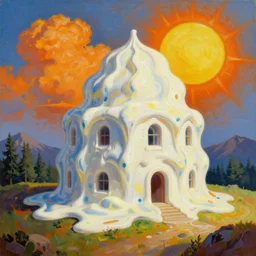 a vivid surrealist painting of a melting, gooey, building made out of melting ice cream, the walls are wavy and slowly melting under the heat of the sun. on a hill in the mountains and forest on a scorching hot day, in the style of dali