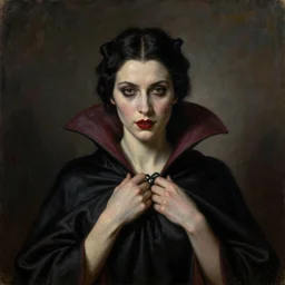 A beautiful painting of a lady vampire, ominous, oil on canvas, photorealism, alphonse mucha, caravaggio, high definition, soft light