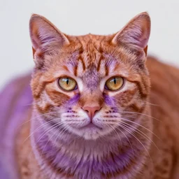 orange cat, colored purple like the cheshire cat, photo