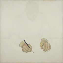 minimal painting of seated figure hands on table. similar aesthetics to ivon hitchins and in the style of john craxton sailors. a table. studio lighting. large hands drawing on painting, brush marks. holding