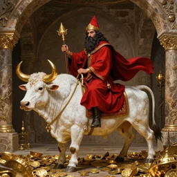 Turkish sorcerer with dressed in red ridding a white bull with golden horns inside a crypt full of gold