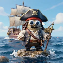 A rock with googly eyes is wearing a pirate's outfit, it is the captain of a crew, it's on their pirate ship, the ship is sailing the wide open seas, the rock is hunting for treasure , hyperdetailed, artstation, cgsociety, 8k