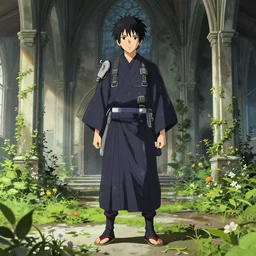 anime kyoto animation key by greg rutkowski, perfectly detailed android hakama techwear in abandoned chapel with overgrown flowers and plants