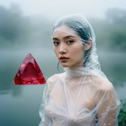 a closeup portrait of a woman wrapped in plastic, standing next to a levitating ruby triangle, in a foggy pond, color photograph, by vincent desiderio, canon eos c 3 0 0, ƒ 1. 8, 3 5 mm, 8 k, medium - format print