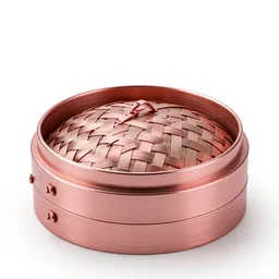rose gold dim sum basket, stylized 3d render, isolated on a pure white background, centered, entire object in frame, sharp focus, soft studio lighting
