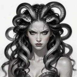 “ daria strokous as medusa, frowning, scowl, snakes for hair, intricate, elegant, highly detailed, digital painting, artstation, concept art, smooth, sharp focus, illustration, art by artgerm and greg rutkowski and alphonse mucha ”
