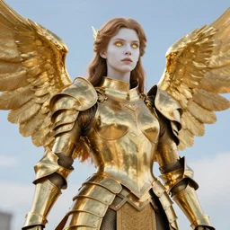 picture of fully armored valkyrie, norse myth, brass plated, golden wings, divine vibes, light brown hair, white skin, shiny golden eyes, pretty, sky background, sharp focus, highly detailed, cinematic lighting, studio quality, smooth render, unreal engine 5 rendered, octane, rendered, by artgerm, greg rutkowski, alphonse mucha