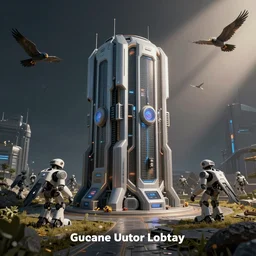 picture of futuristic super computer, guarded by bird robot