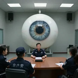 surveillance footage of a giant eyeball being interrogated by police in an interrogation room
