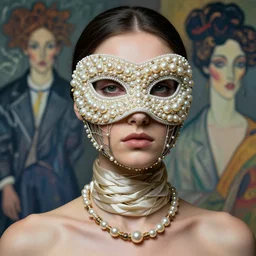 a beautiful futuristic portrait covered by mask made of wires and pearl, necklace made by silk and wires twisted around neck, design by leonardo davinci, inspired by egon schiele, gucci, modern art, baroque art jewelry, new classic, fashion design, photorealistic, hyper realistic, cinematic composition, cinematic lighting, fashion design, concept art, hdri, 4 k -