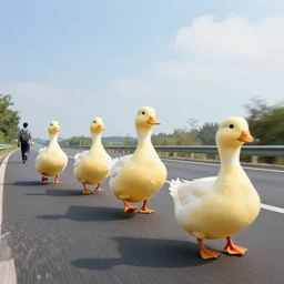 5 giant ducks chasing a man down the freeway
