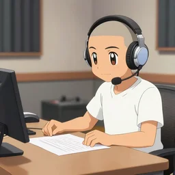 dragonair wearing a headset at a table with paper in front of them recording their next single in the studio