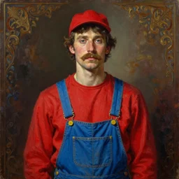 a portrait of a man with a mustache wearing a long - sleeved red shirt, a pair of blue overalls with yellow buttons, and a red cap, art by mark ryden, oil on canvas, ornate details,