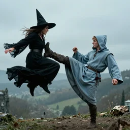 medieval man with a light blue hood kicking a flying ( ( witch ) ), 1 9 9 1, movie still