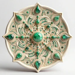fractal mandala ceramic chakra digital color stylized an ancient white bone and emerald gemstone relic, intricate engraving concept 3 d point lighting natural color scheme