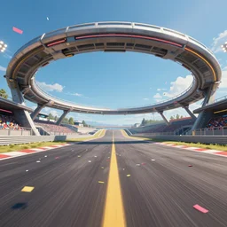 low wide angle shot worms eye view of a realistic futuristic vehicle racetrack winner circle with confetti on a sunny day with a clear blue sky, cyberpunk, digital painting, good value control, vibrant colors, three point perspective, rule of thirds, golden ratio, horizon line focus, sharp focus, 8 k, fourze, realistic textures