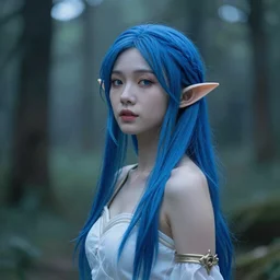 beautiful young Asian elf woman with blue hair in a hazy forest at dusk, by Peter Kemp