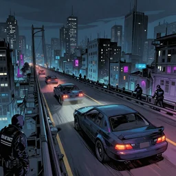 detailed ultra - realistic graphic novel illustration of shadowrun cyberpunk desolate bridge and port district, car chase, police and hackers, shadowun night city perspective view, inspired by famous digital illustrators, violet, black, blue vibrant colors