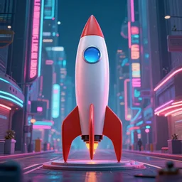 rocket standing on a street in the middle of a cyberpunk city, neon signs, 1 9 6 0 s poster, psychedelic, minimalism, clouds, night time, dramatic lighting, flat design, flat colors, in the style of a soviet propaganda poster