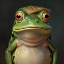 donald trump dressed as a frog, symmetry accurate features, very intricate details, Highly detailed, surrealism, trending on art station, triadic color scheme, smooth, sharp focus, the most beautiful image ever seen, illustration, digital paint, dark, gloomy, octane render, 8k, 4k, washed colors, sharp, dramatic lighting, beautiful, post processing, artstyle Hiraku Tanaka and Tom Bagshaw, Gary Tonge, award winning