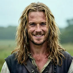 portrait photo of a dirty short hair blonde irish pirate, clean shaven, cinematic shot, sigma lens, smiling