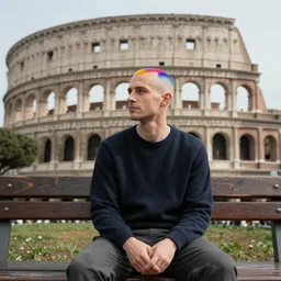 bald man, multicoloured head, sitting on a bench, rome, dreamy, hyperrealistic - n