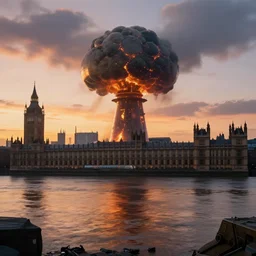 nuclear winter, london, near future, fantasy, sci - fi, hyper realistic, serene, sunset.