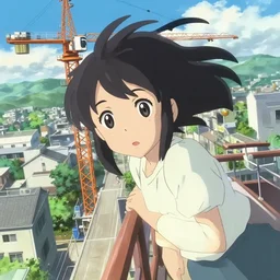 anime film visual of a young black haired girl sightseeing the street on the top of tower crane, cute face by ilya kuvshinov, makoto shinkai, kyoto animation, dynamic perspective and pose, detailed eyes, less nose, crisp and sharp cel shade