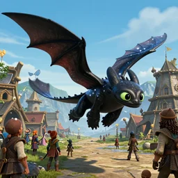 movie clip of dragon with mantaray wings and a stingray tail made of stars in an old viking village filled with vikings and other dragons going about their day, cgi, in the style of how to train your dragon, cinematic, high resolution, cgi